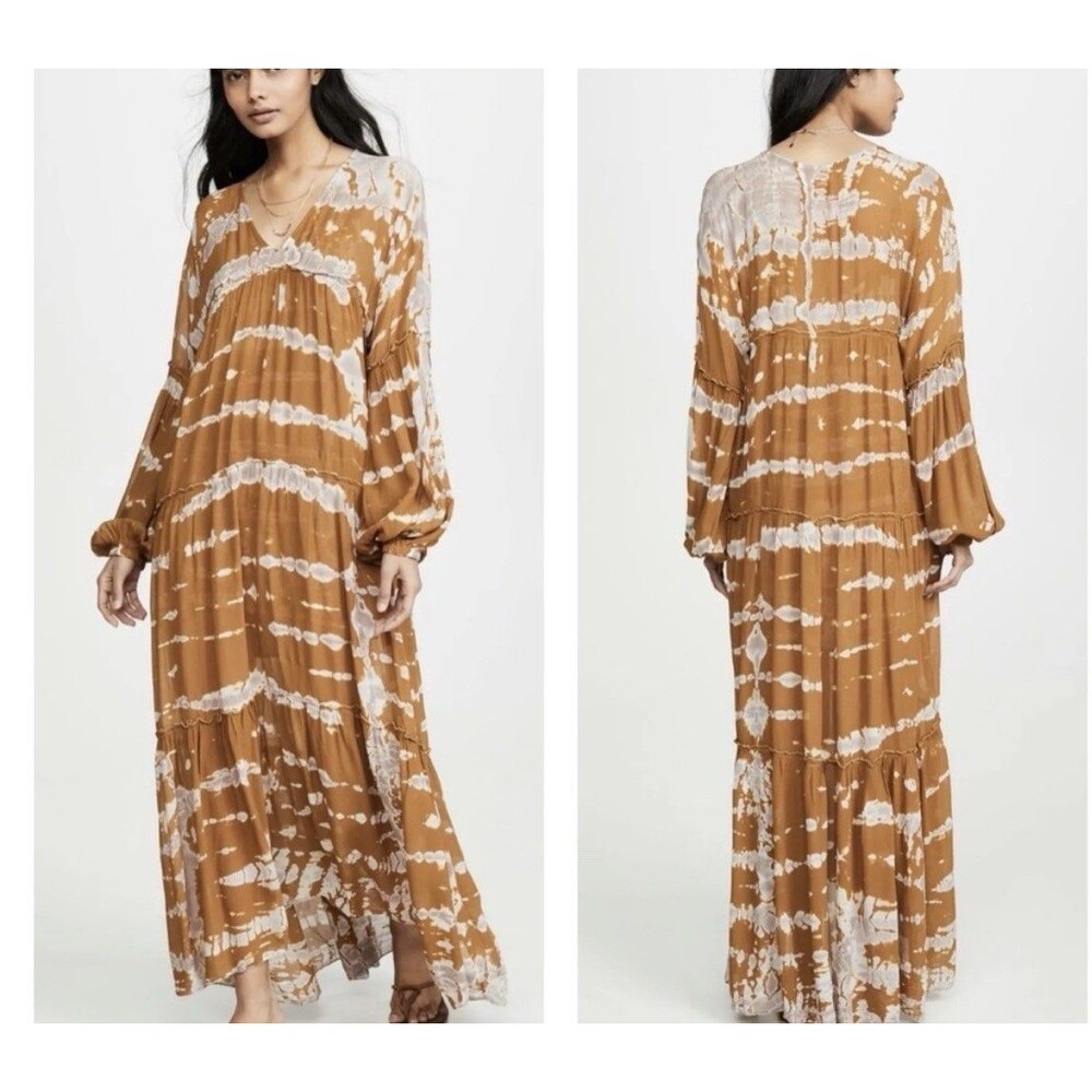 Young Fabulous Broke Josette Dress Long Maxi‎ Peasant Puff Sleeves Tie Dye Small